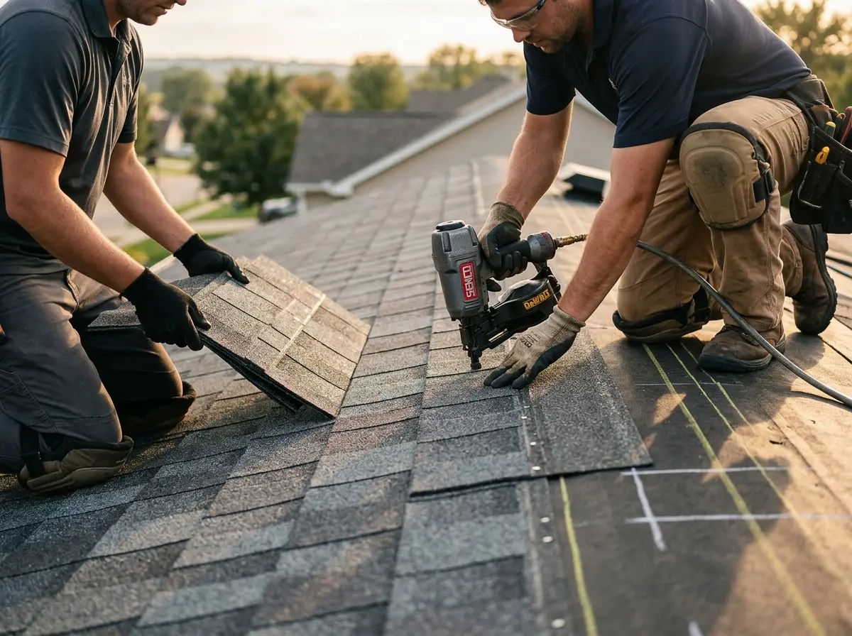 Professional roofer working on a residential roof in Minooka
